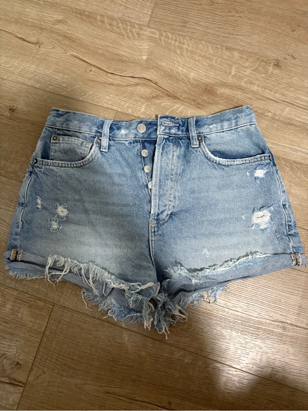 We The Free Light Blue Distressed High-Rise Denim Shorts